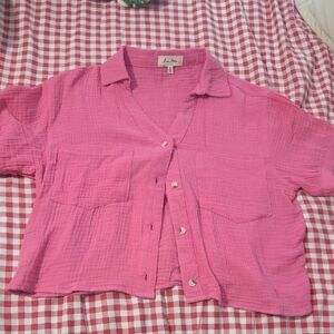 Love Notes Bright Pink Button-Front Crop Shirt